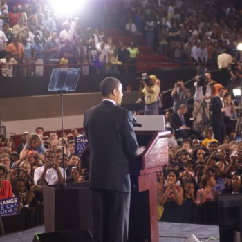 Barack Obama speaking at rally at Reynolds Coliseum
