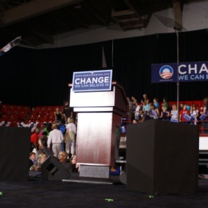 Stage set for the Barack Obama rally in Reynolds Coliseum
