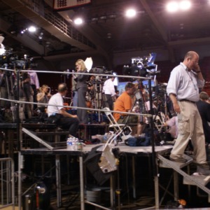 Media reporting from Reynolds Coliseum after the Barack Obama rally