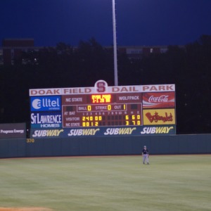 Scoreboard at North Carolina State University  versus High Point University baseball game