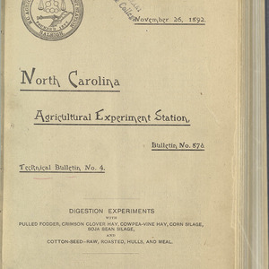 Digestion Experiments (North Carolina Agricultural Experiment Station Technical Bulletin No. 4)