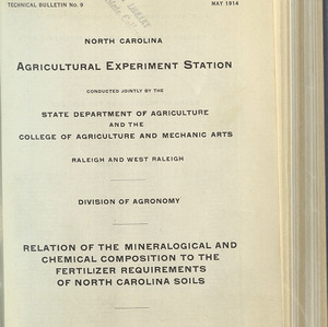 Relation of the Mineralogical and Chemical Composition to the Fertilizer Requirements of North Carolina Soils (North Carolina Agricultural Experiment Station Technical Bulletin No. 9)