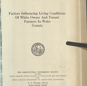 Factors influencing living conditions of white owner and tenant farmers in Wake County (North Carolina Agricultural Experiment Station Technical Bulletin No. 37)