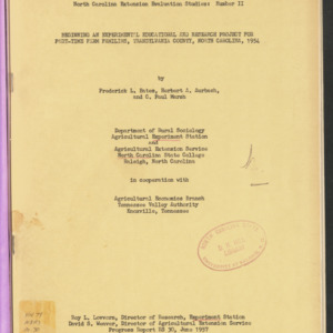 Beginning an Experimental Educational and Research Project for Part-Time Farm Families, Transylvania County, North Carolina, 1954 (Progress Report RS-30)