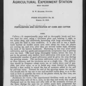 Fertilization and Cultivation of Corn and Cotton (Press Bulletin No. 25), March 10, 1913