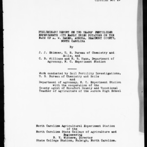 Preliminary Report on Two Years' Fertilizer Experiments with Early Irish Potatoes on the Farm of A. W. Baker, Aurora, Beaufort County, North Carolina (Agronomy Information Circular No. 29)