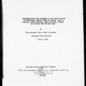 Recommendations with Reference to the Fertilization of Flue-Cured Tobacco Grown on Average Soils in Virginia, North Carolina, South Carolina, Georgia and Florida for the Year 1949 (Agronomy Information Circular No. 147)