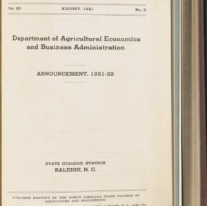 State College Record, Department of Agricultural Economics and Business Administration, Vol. 20 No. 3, Aug 1921