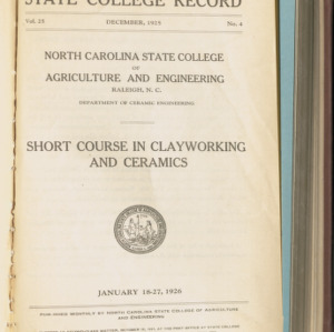 State College Record, Short Course in Clayworking and Ceramics, Vol. 25 No. 4, Dec 1925