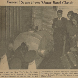 Funeral scene for Wolf-monster mascot (Technician, Vol. 30 No. 13 [Vol. 27 No. 13], January 10, 1947)