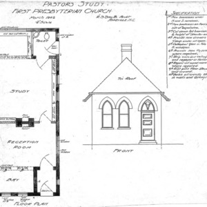 First Presbyterian Church, Proposed changes to Sunday School--Pastors Study - Floor Plan - Front & Specifications