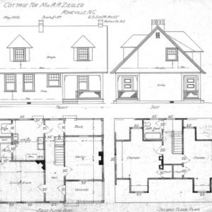 Cottage for Mrs. Ziegler - Hillside Street--Front- Side- First and Second Floor Plan