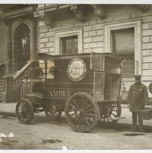 ASPCA photograph: Official standing by horse-drawn ASPCA ambulance