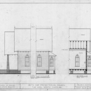East elevation and partial section, Beth Car Chapel, Bladen County, North Carolina