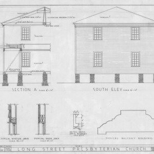 Partial cross section, south elevation, and details, Longstreet Presbyterian Church, Fort Bragg, North Carolina