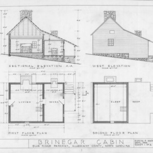 Cross section, west elevation, and floor plans, Brinegar House, Alleghany County, North Carolina