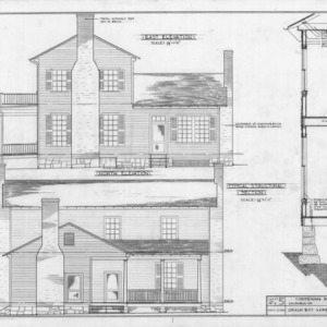 East elevation, north elevation, and structural section, Old Corpening House, Caldwell County, North Carolina