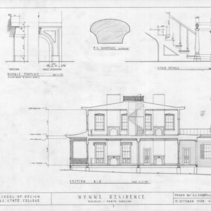 Section, fireplace, and stair details, Wynne House, Raleigh, North Carolina