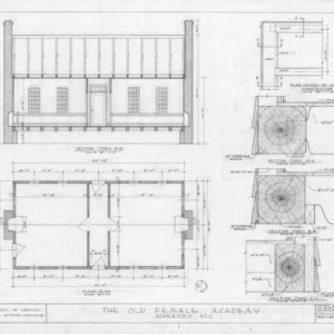 Longitudinal section, floor plan, and construction details, Asheboro Female Academy, Asheboro, North Carolina