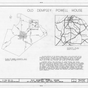 Title page with location maps and notes, Old Dempsey Powell House, Wake County, North Carolina