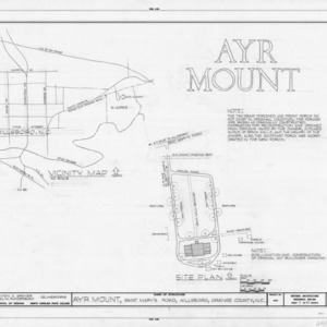Title page with site plan and notes, Ayr Mount, Hillsborough, North Carolina