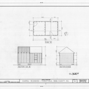Floor plan and sections of smokehouse and repair shop, Dr. Leroy Chappell House and Office, Forestville, North Carolina