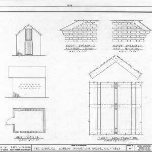 Milk house plan, elevations, and roof details, Charles Benbow House, Oak Ridge, North Carolina