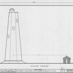 Southwest elevation with keeper's house, Bald Head Lighthouse, Brunswick County, North Carolina