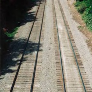 Tracks through campus, looking west from Pullen Drive bridge