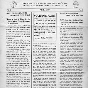 Tar heel club news, vol. 1, no. 1, April 1920 [early printing press version]