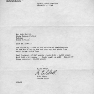 Letter to L. R. Harrill, North Carolina State 4-H club leader, from R. E. Black, 4-H county agent, February 14, 1946