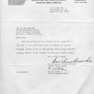 Letter to L. R. Harrill, state 4-H leader, from Annie Brown Branche, negro home agent, and C. S. Wynn negro county agent, February 20, 1946