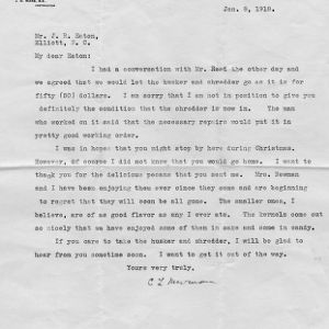 Letter from C. L. Newman to John Ray Eaton on Eaton purchasing a husker and shredder and visiting Newman's home