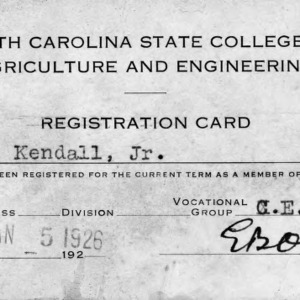 Henry Eli Kendall, Jr. student registration card, NC State College, 1926