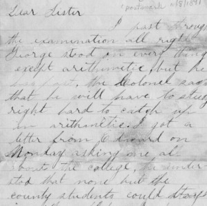 Letter from Walter Bullock to his sister, October 8, 1891