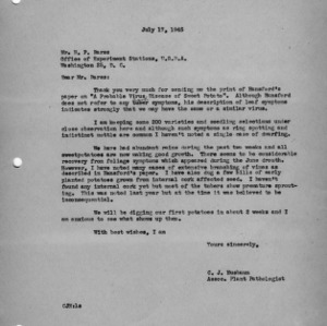Letter from C. J. Nusbaum to H. P. Barss regarding impending sweet potato crop