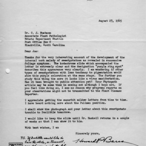 Letter from Barss to C. J. Nusbaum thanking him for Kodachrome slide of 'purple ring spot'