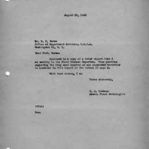 Letter from Nusbaum to H. P. Barss accompanying report he sent to Plant Disease Reporter