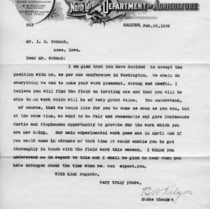 Letter from B. W. Kilgore to I. O. Schaub, February 26, 1909