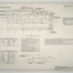 Sir Walter Chevrolet Company -- Body Shop Floor Plan Fixture Schedule and Power Riser Diagram