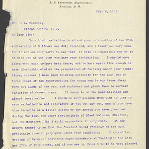 Carl Alwin Schenck  Professional Correspondence -- Biltmore Estate and Forest -- November 1, 1908 - November 15, 1908