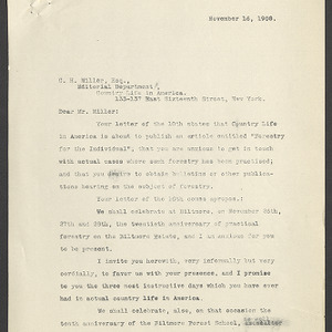 Carl Alwin Schenck Professional Correspondence -- Biltmore Estate and Forest --  November 16, 1908 - November 30, 1908