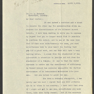 Carl Alwin Schenck Professional Correspondence -- Biltmore Estate and Forest -- April - June, 1914