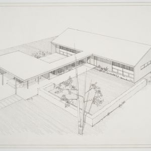 Black and white sketch of building.