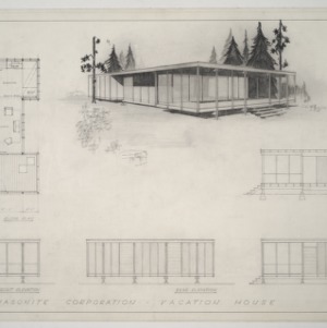 Vacation Cabin, Woman's Day -- Elevations, Sections, Floor Plan, and Exterior Rendering