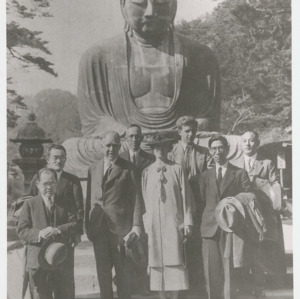 Dr. Yoshio Nishina with Dr. Niels Bohr, Mrs. Margrethe Bohr, and others in front of Kamakura Daibutsu, 1937