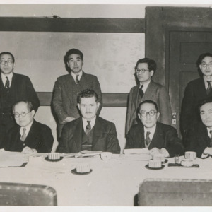 Dr. Yoshio Nishina with Dr. Henshaw and seven other men, 1946