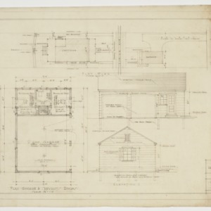 Floor plan, plot plan, and elevations for garage and servants quarters