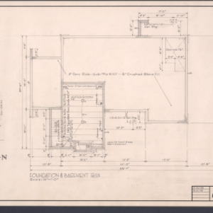 Mr. & Mrs. Ralph B. Reeves House at Raleigh, NC -- Foundation and basement plan, plot plan, and fireplace details