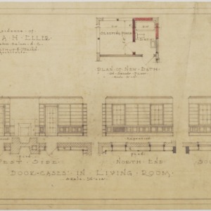 Bookcases in living room, plan of new bath on second floor